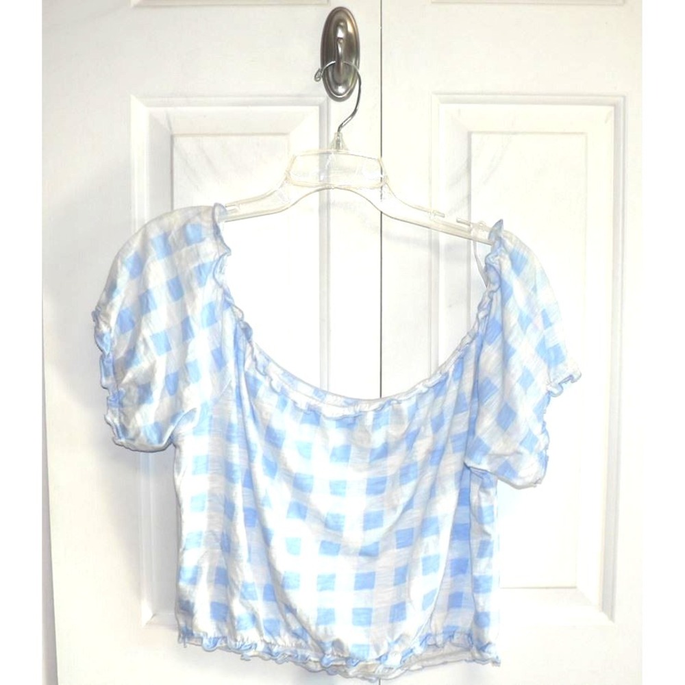 Arizona Jean Co. Women's Lettuce Edge Crop Cotton Gingham Top in Blue/White 2XL - Picture 6 of 8